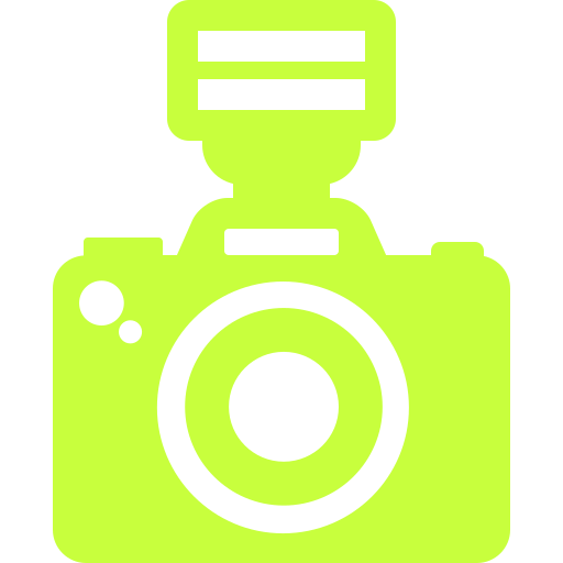 Icon of a camera in bright green with black outlines