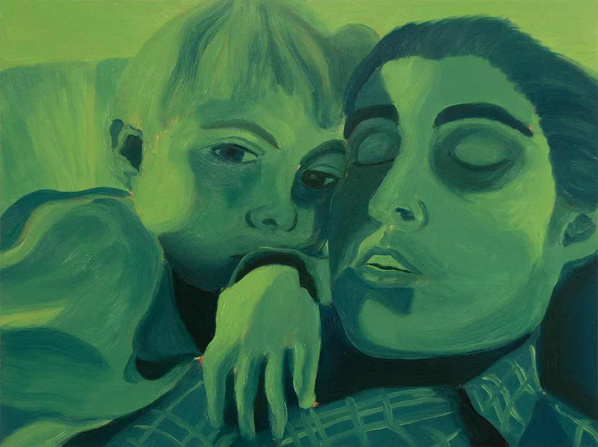 Painting of child squishing mother while taking a selfie together where the mother's eyes are closed, painted in green tones