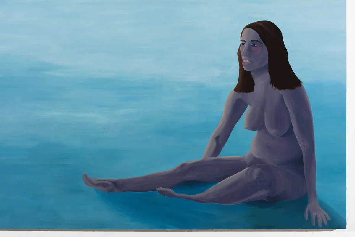 Detail of painting of naked woman sitting in snow, painted in purple and blue tones