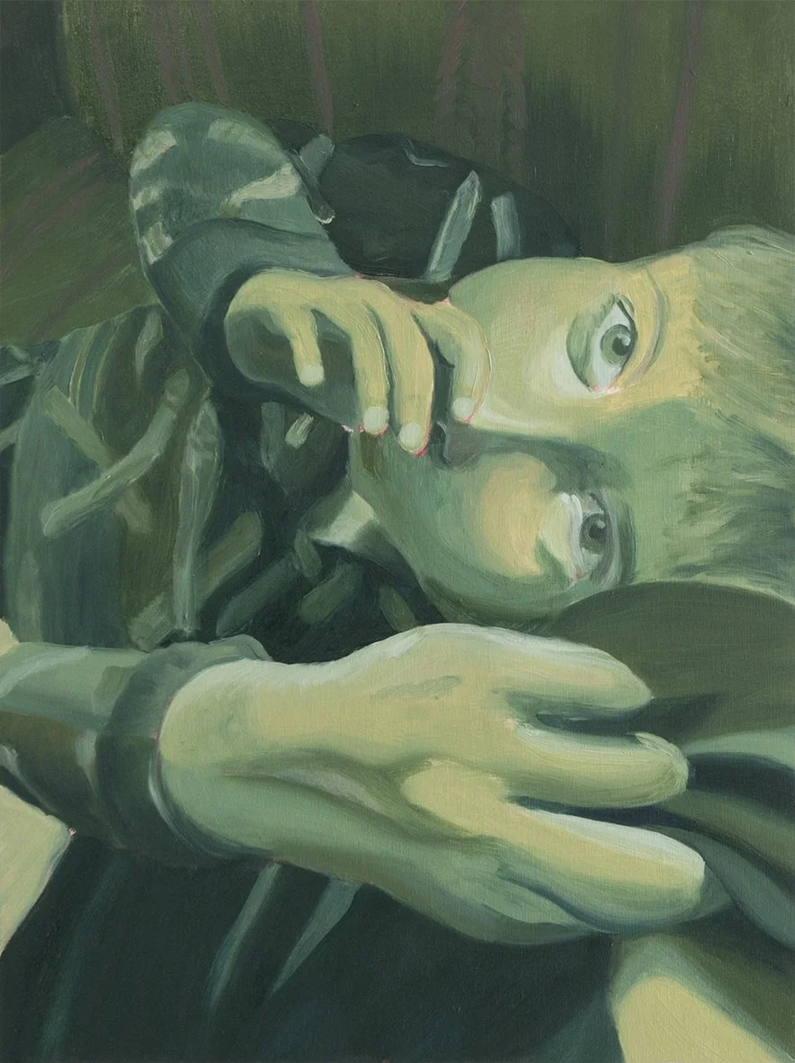 Painting of toddler sucking his thumb, putting his hand down his mother’s shirt, and looking up at his mother, from the mother’s perspective, painted in green tones