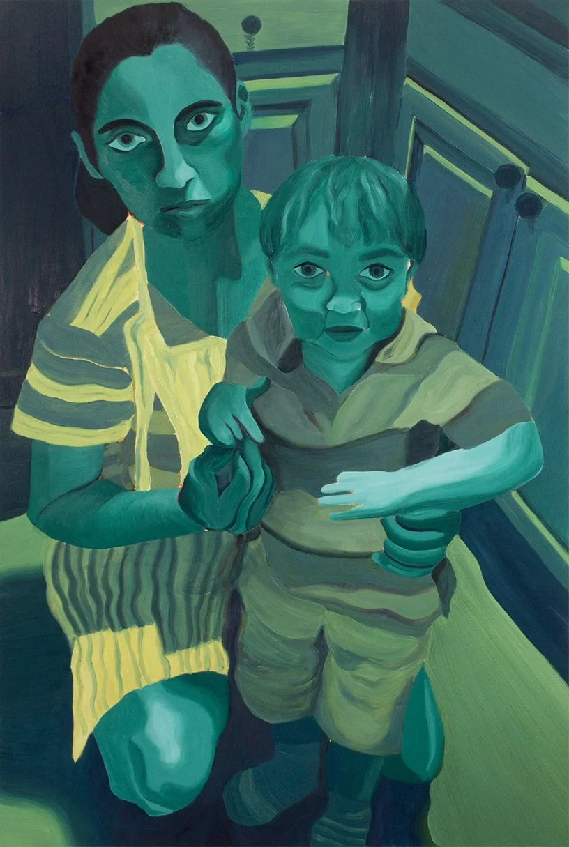 Painting of mother kneeling to restrain toddler from running away, painted in green tones