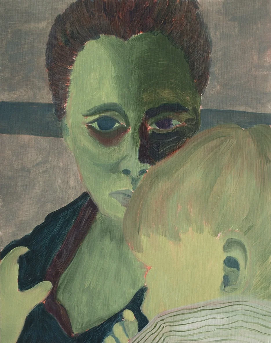 Painting of mother looking out at viewer while holding toddler sucking his thumb, painted in green tones