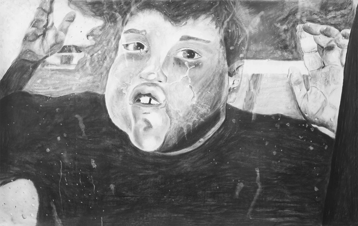 Charcoal drawing of preteen with face pressed against car window during a rainstorm