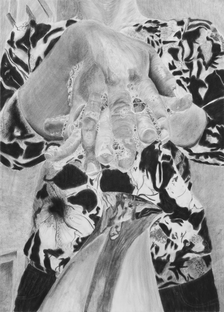 Charcoal drawing of person washing back of hands with lots of bubbles in a floral printed shirt