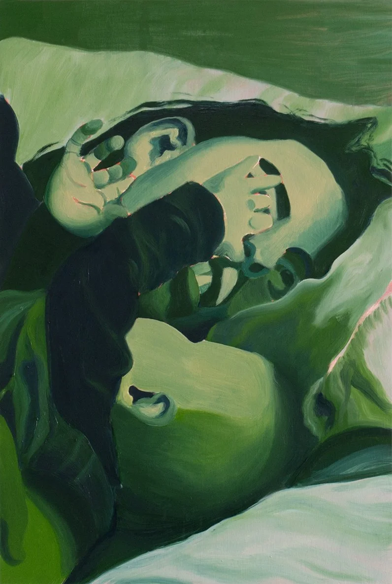 Painting of a child grabbing his mother's nose in bed in green tones