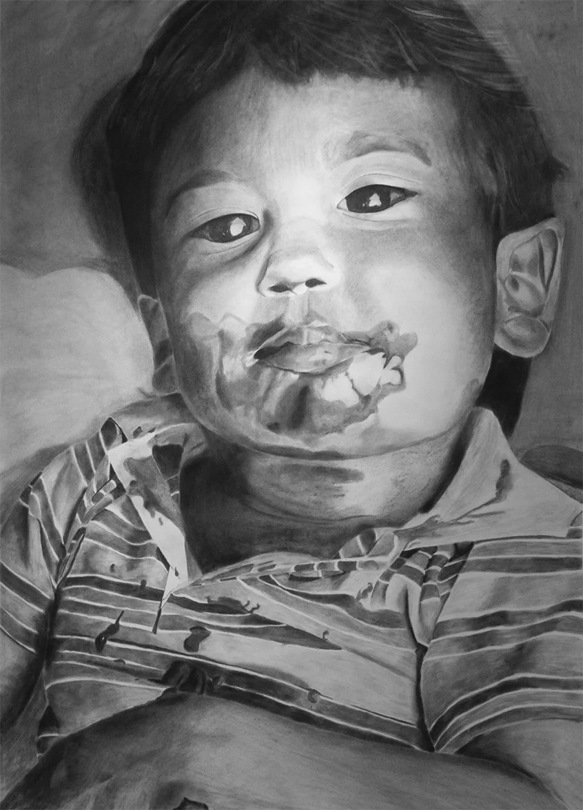 Charcoal drawing of child with ice cream all over face and shirt