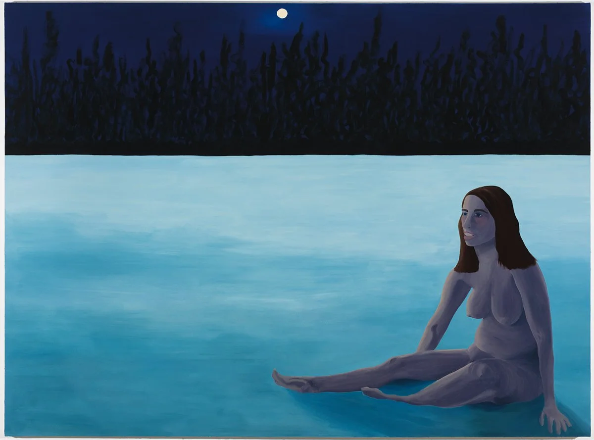 Painting of naked woman sitting in snow in the moonlight in blue and purple tones
