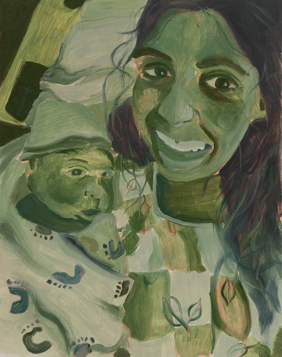Painting of new mother holding new baby in hospital bed, painted in green tones