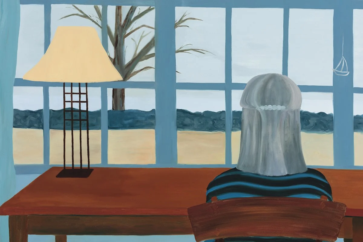 Detail of painting of gray-haired woman sitting at desk looking out window at bare tree in backyard