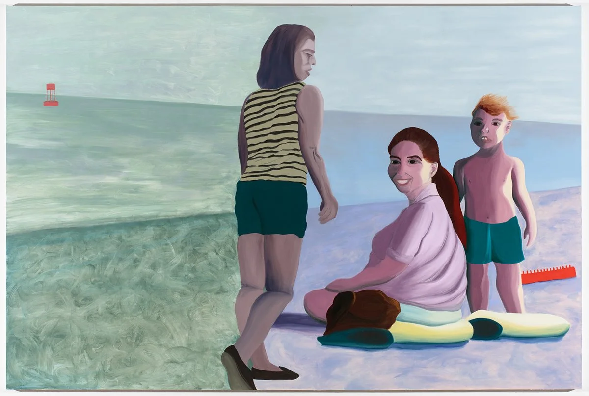 Painting of woman walking towards pregnant mother and toddler on beach painted in green, pink, and purple tones