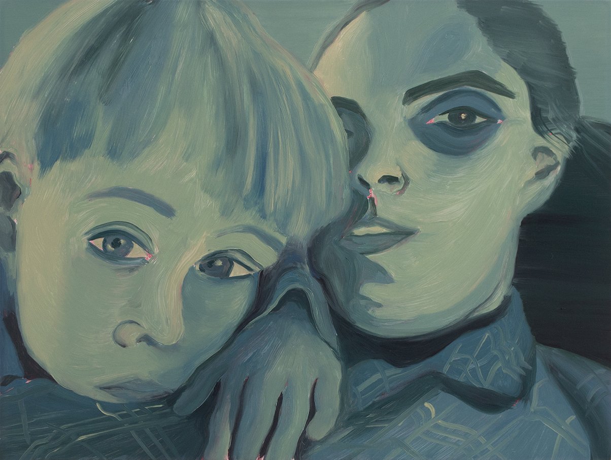 Painting of child crowding mother while taking a selfie together, painted in green tones