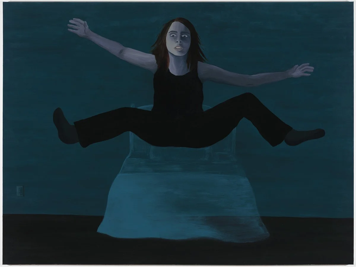 Painting of woman falling in midair as bed underneath her disappears, painted in dark green and purple tones