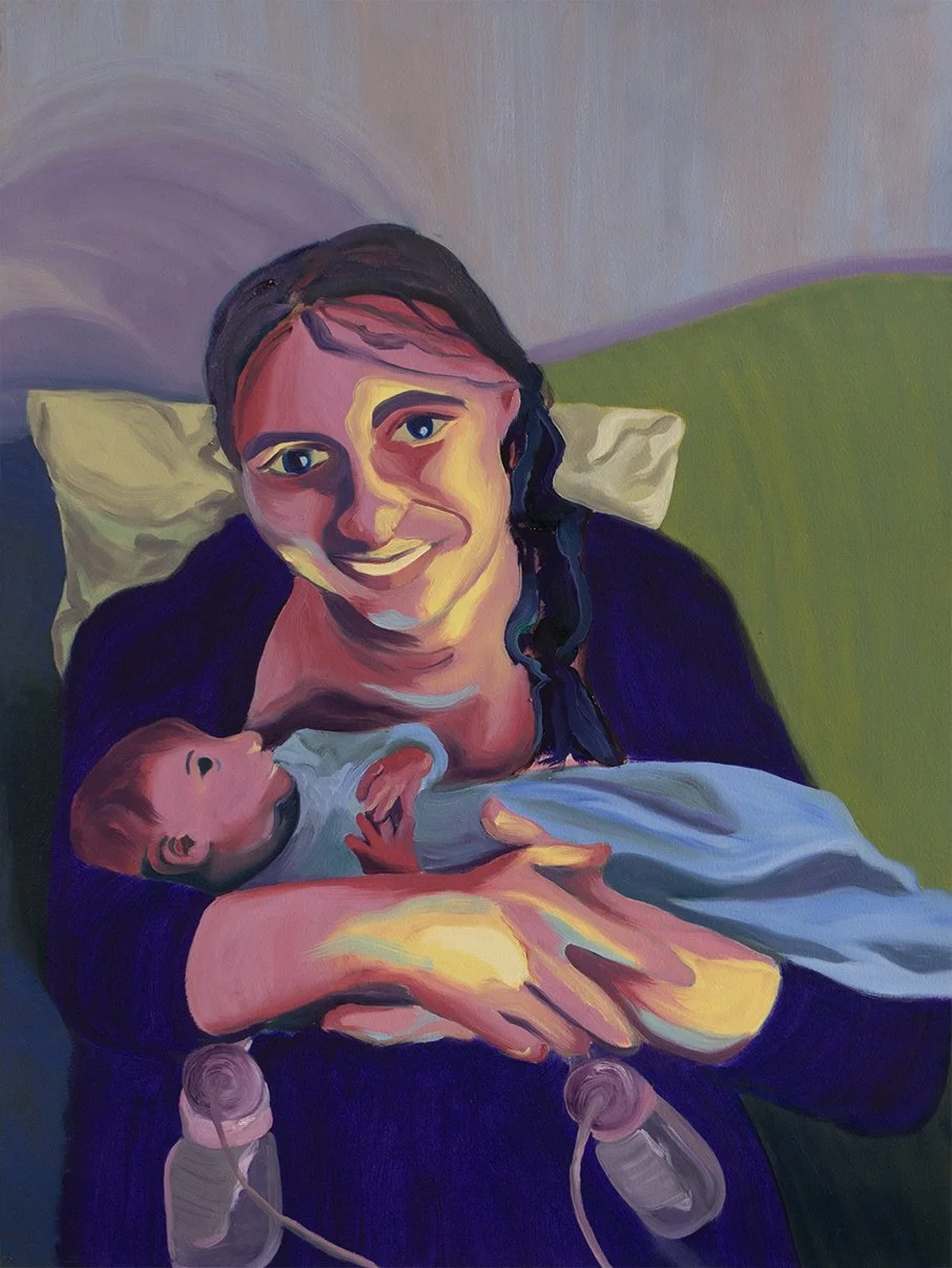 Painting of mother holding her new baby on the couch in warm red and purple tones
