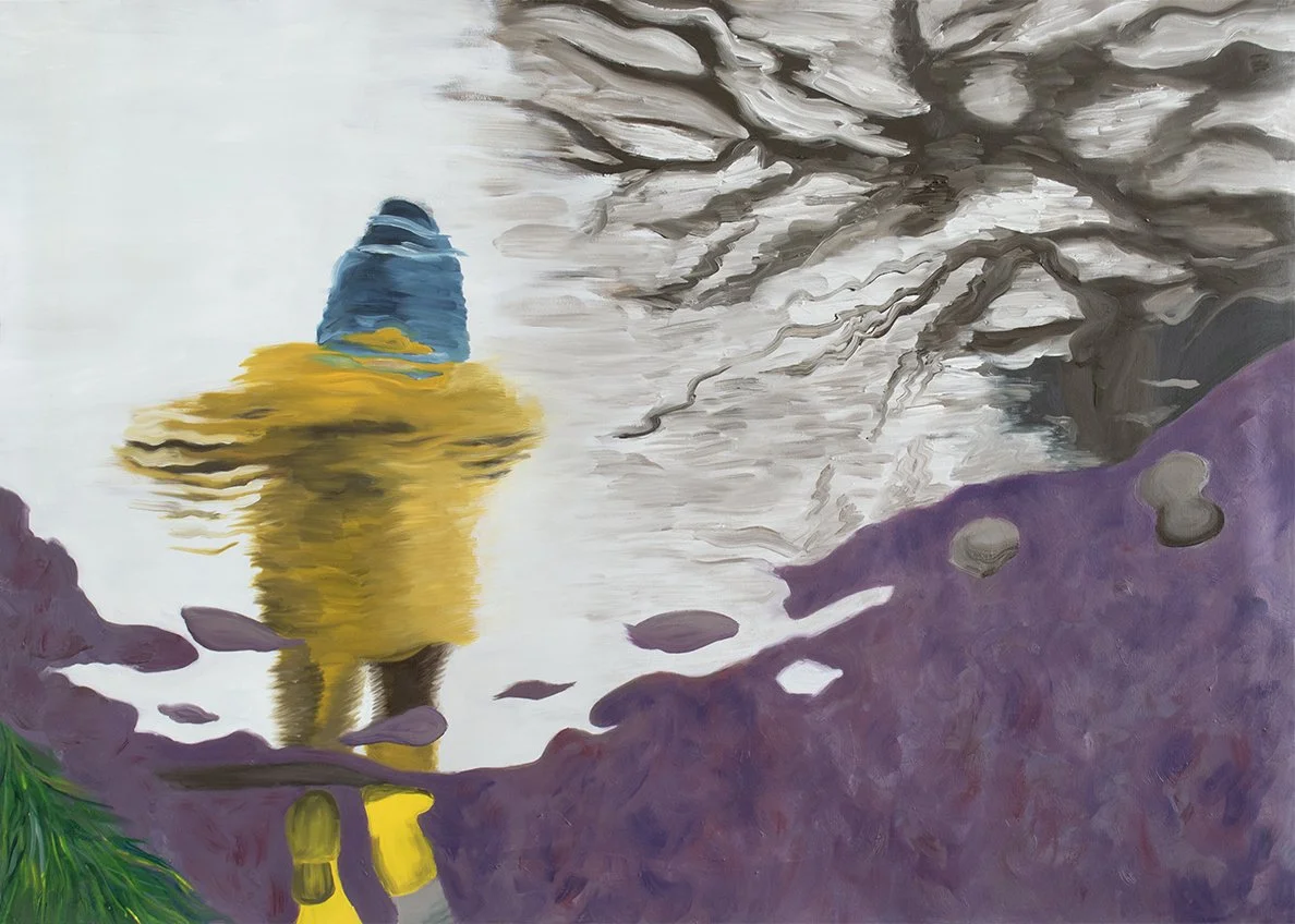 Painting of reflection of child in yellow raincoat running away