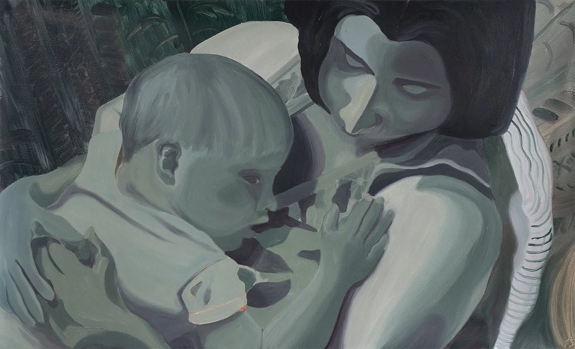 Painting of mother holding sick and tired child on couch, painted in green tones