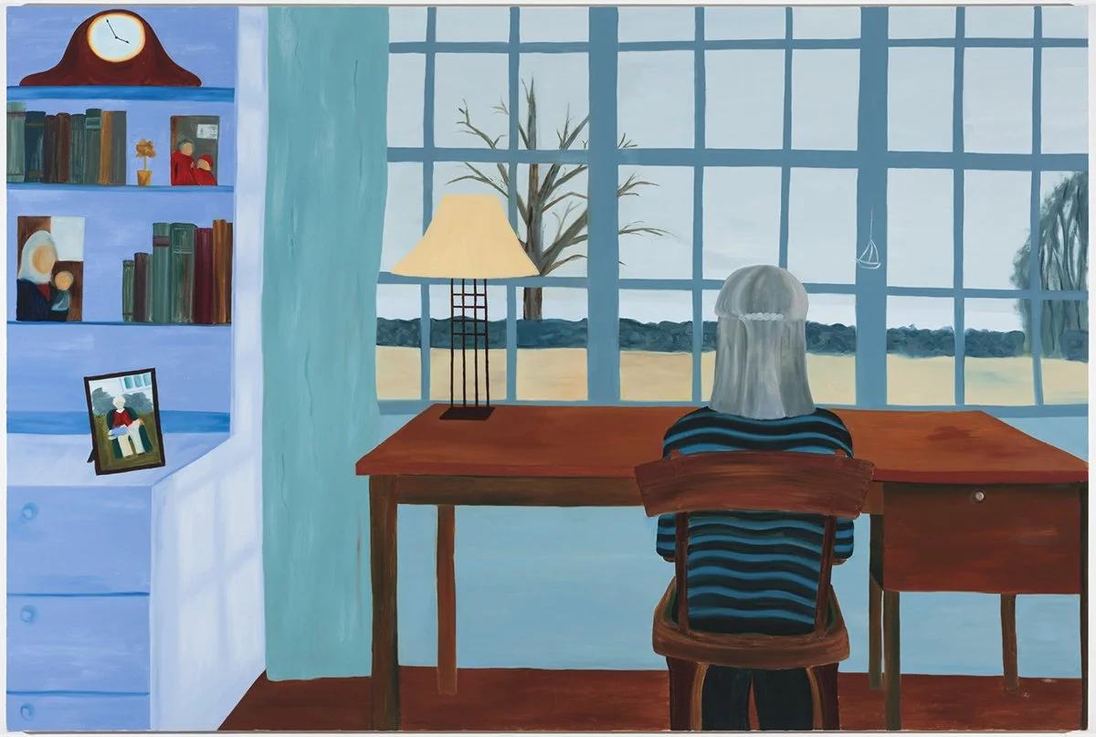 Painting of gray-haired woman sitting at desk in study looking out window at bare tree in backyard