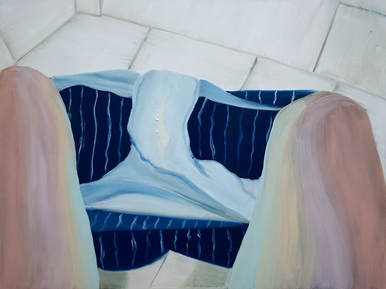 Painting of underwear with vaginal discharge around woman's legs in blue and pink tones