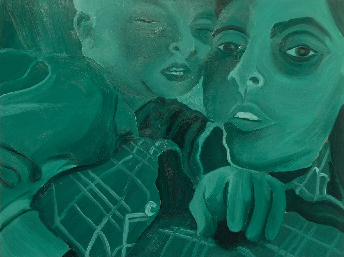 Painting of child crowding mother while taking a selfie together, painted in green tones