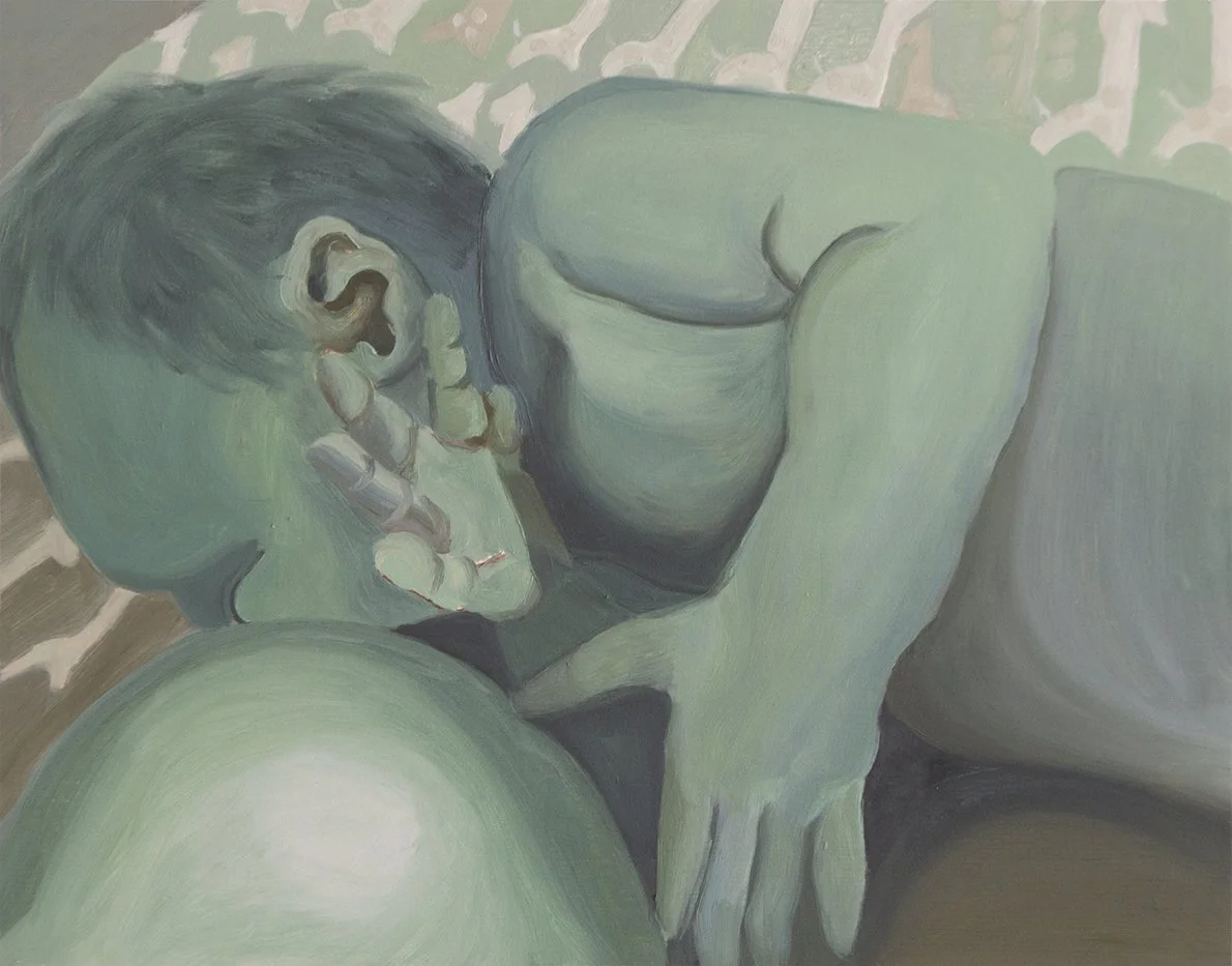 Painting of child breastfeeding on boppy pillow from mother's perspective in green tones