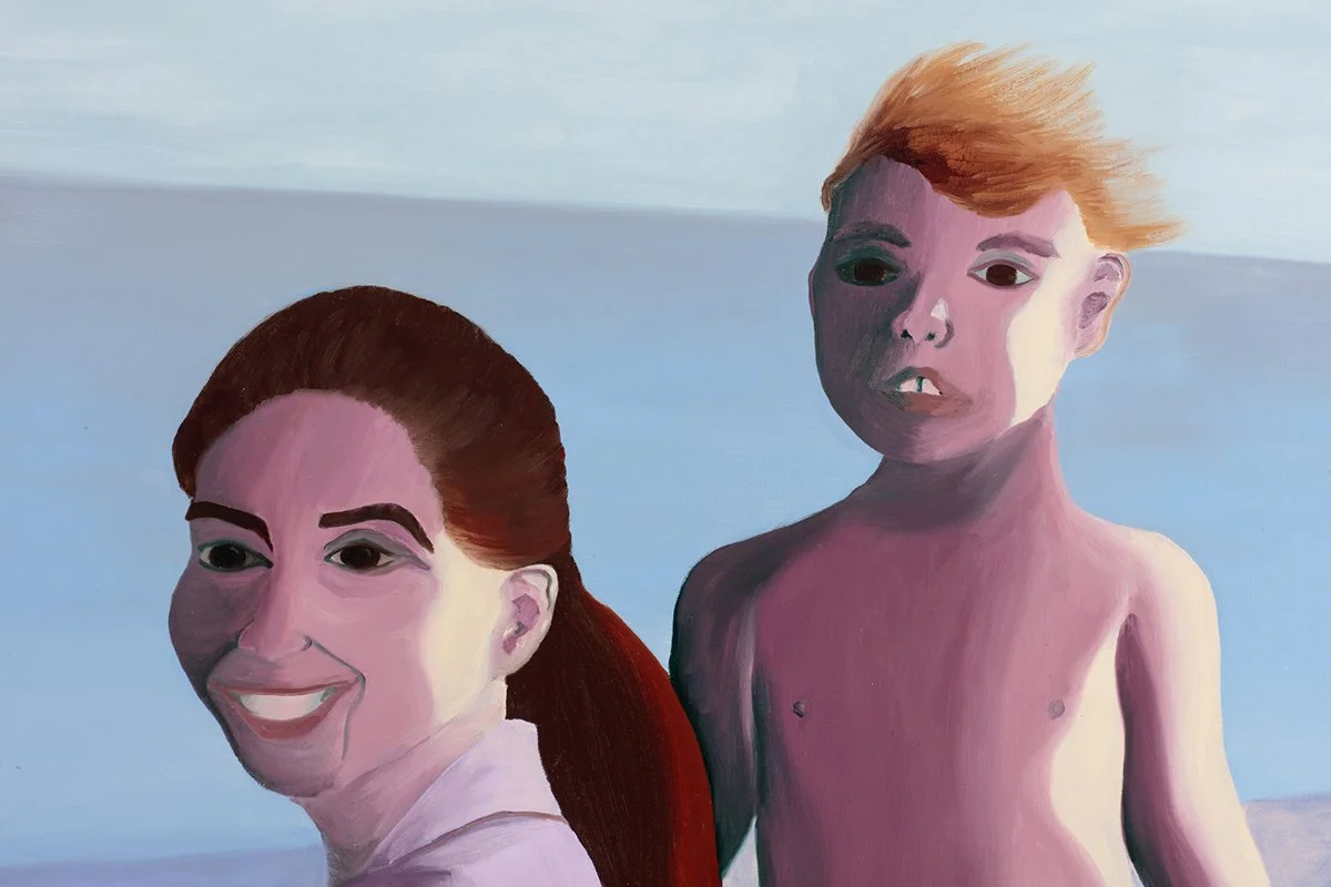 Detail of painting of mother and child painted in pink and purple tones