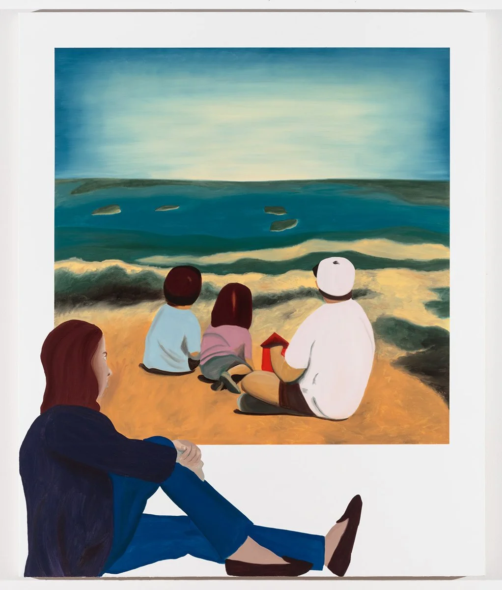 Painting of seated woman looking out window view at three children sitting on mountain summit and staring out at the sea and islands
