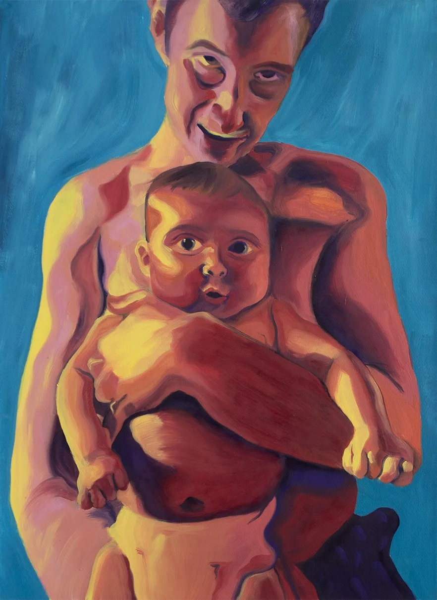 Painting of shirtless father holding baby on lap, painted in rainbow colors