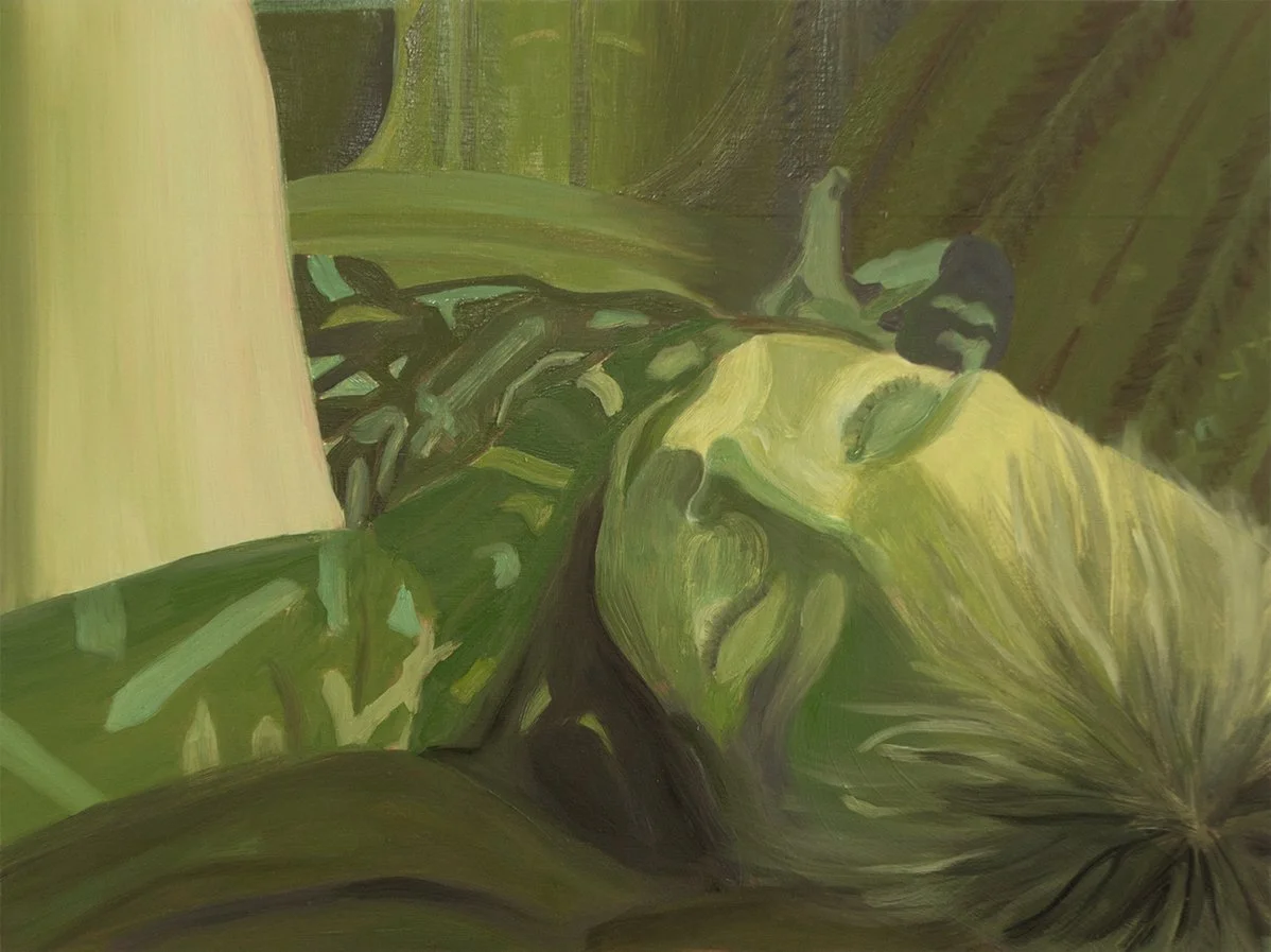 Painting of sleeping child sprawled on mother's lap from mother's perspective, painted in green tones