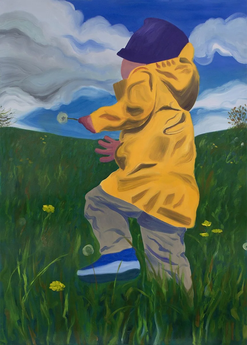 Painting of child in yellow raincoat holding a white dandelion and climbing a large grassy hill against blue sky with big clouds