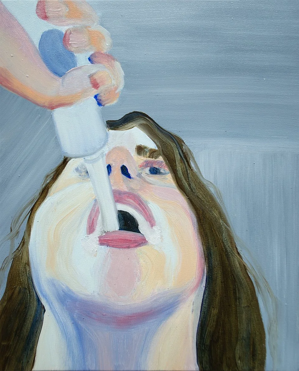 Painting of woman brushing teeth, viewed from under her chin, painted in blue, yellow, and gray tones