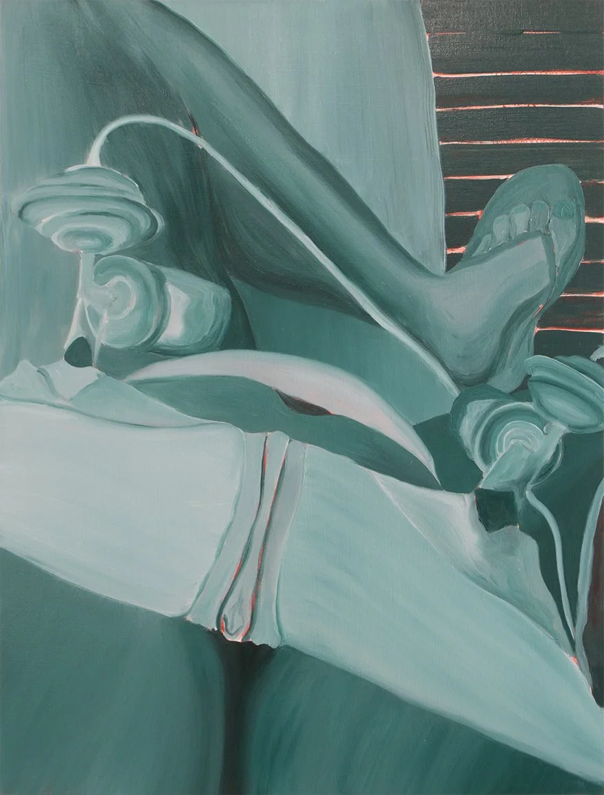 Painting from mother’s perspective while pumping breastmilk, painted in green tones