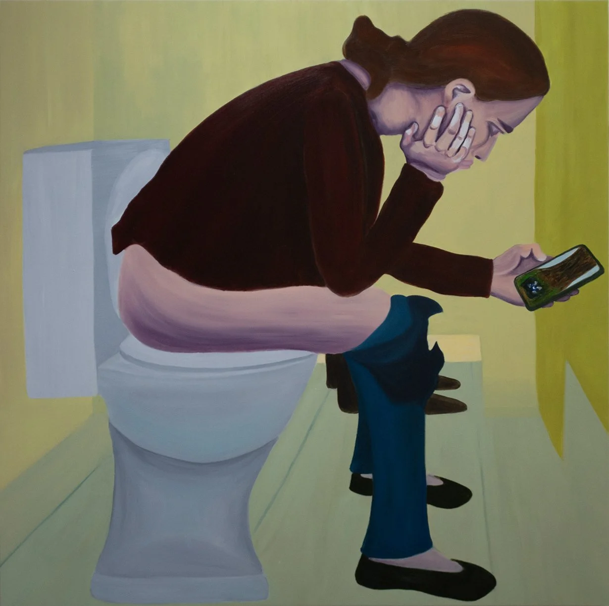 Painting of woman sitting on toilet in bathroom stall scrolling on phone