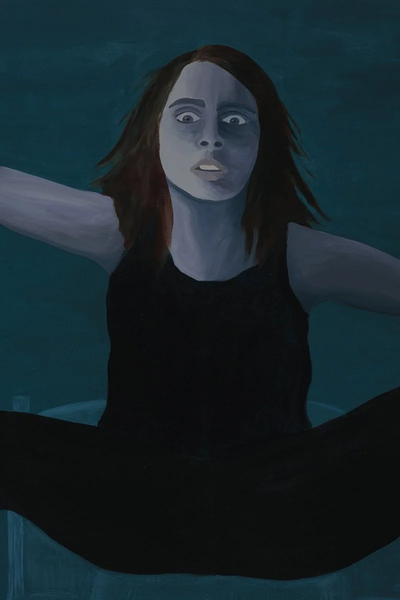 Detail of woman suspended in midair, painted in dark green and purple tones
