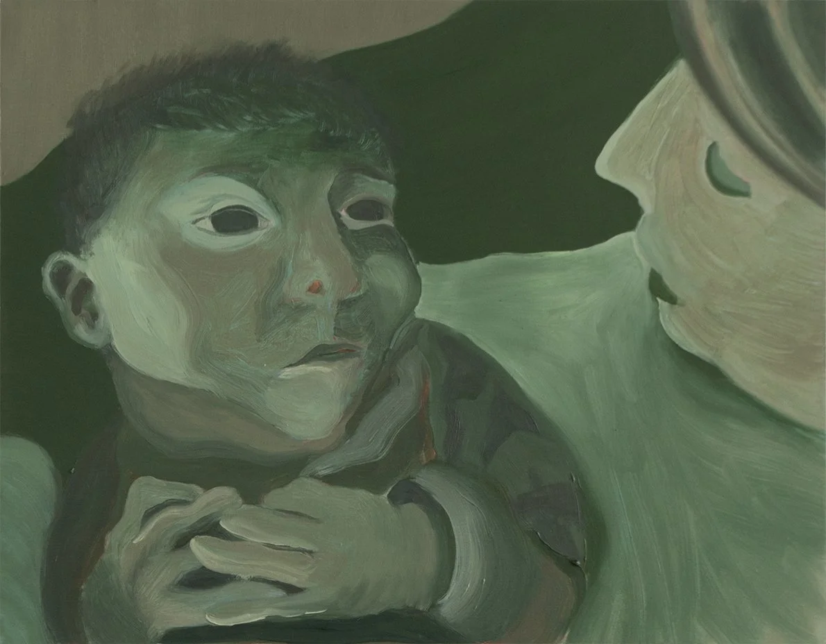 Painting of newborn looking up at his mother, painted in green tones