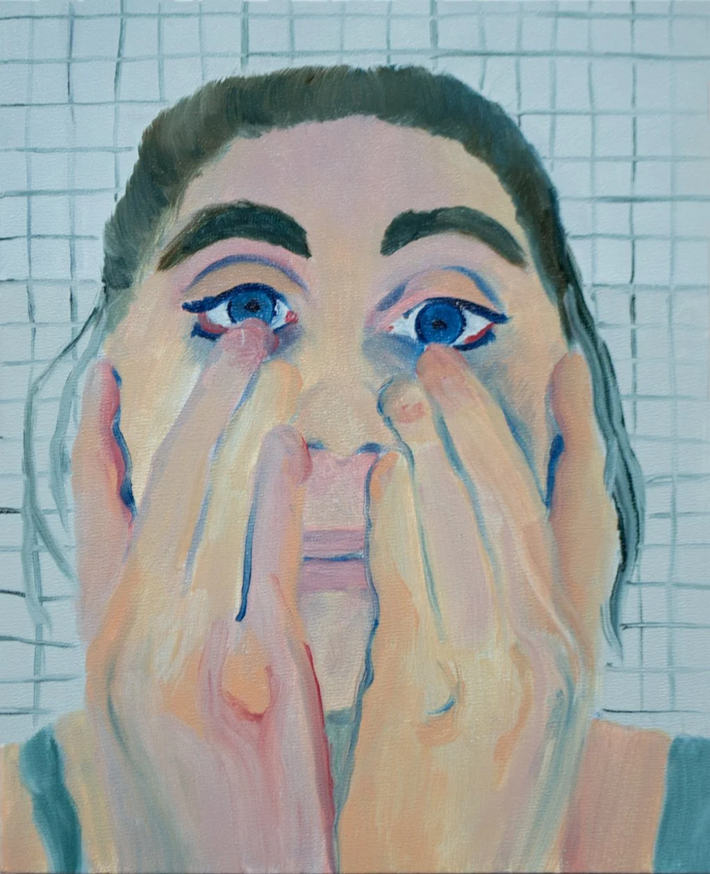 Painting of woman pulling down face below eyes painted in pink, yellow, and blue-green tones