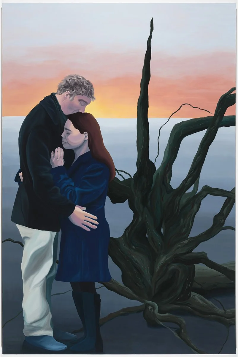 Painting of man and woman embracing next to a fallen dead tree while the sun rises