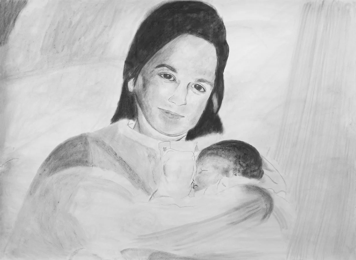 Charcoal drawing of new mother holding newborn in hospital bed
