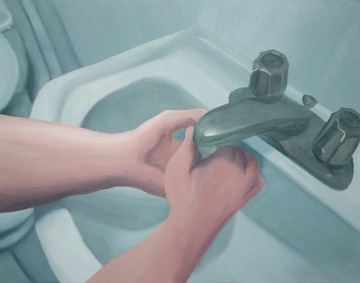 Painting of washing hands in sink in pink and blue-green tones