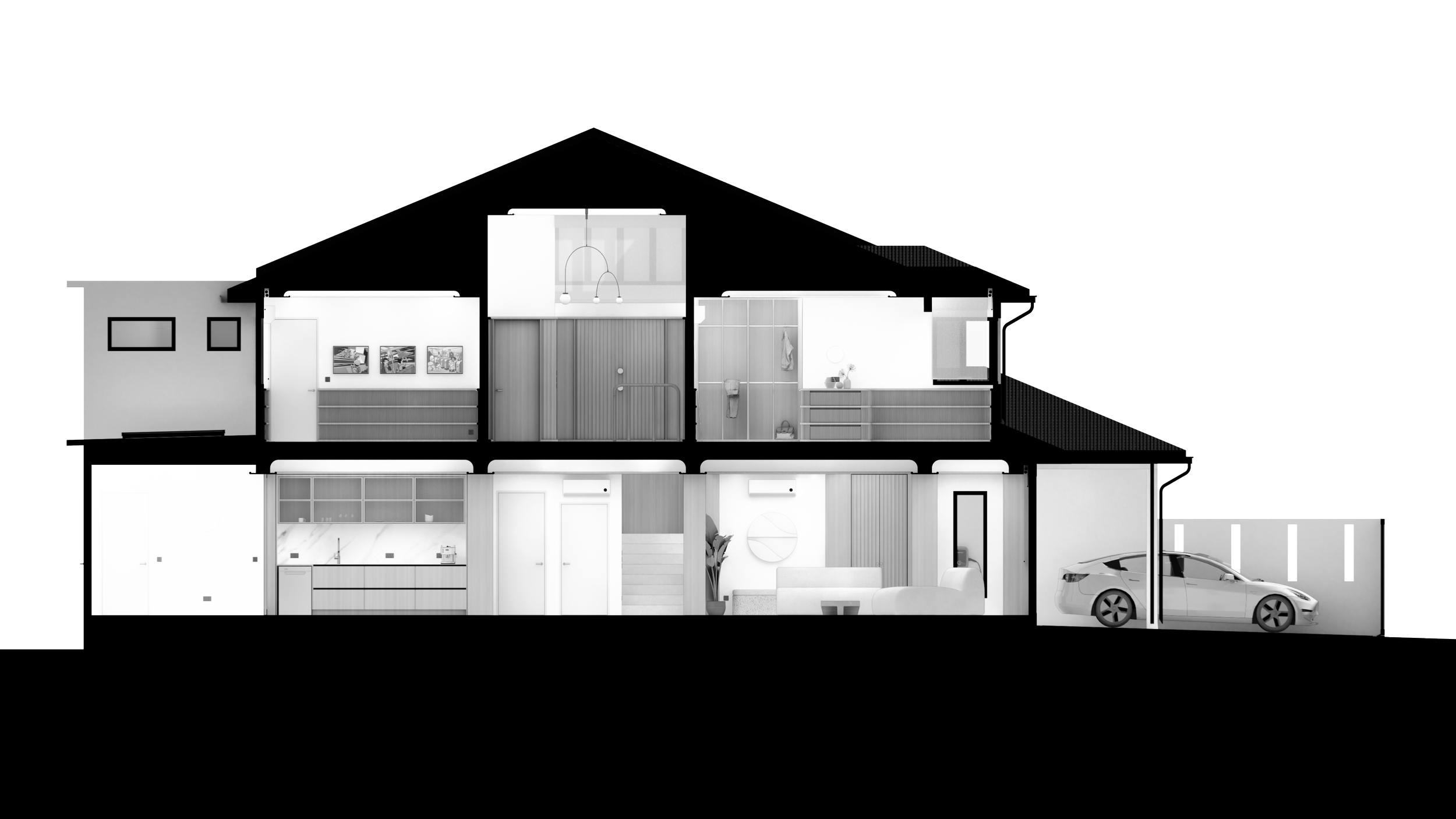 Cross-section of a modern, multi-story house showing interior rooms and garage with a car.
