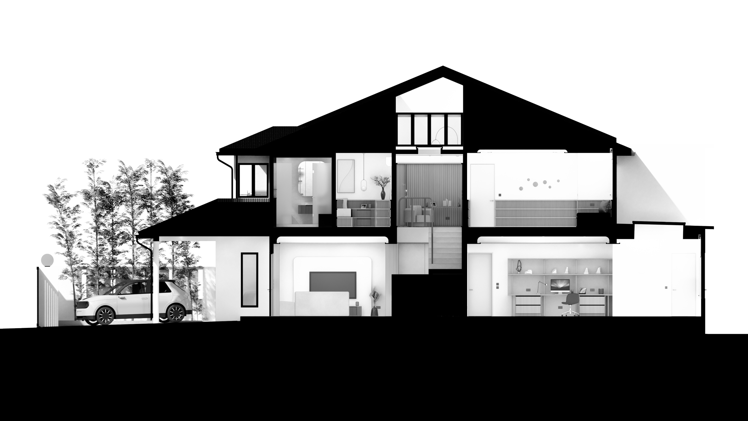 Sectional architectural drawing of a modern home showing an interior cross-section with multiple floors, rooms, and a garage with a car outside. The house features large windows, a staircase, and interior furniture.