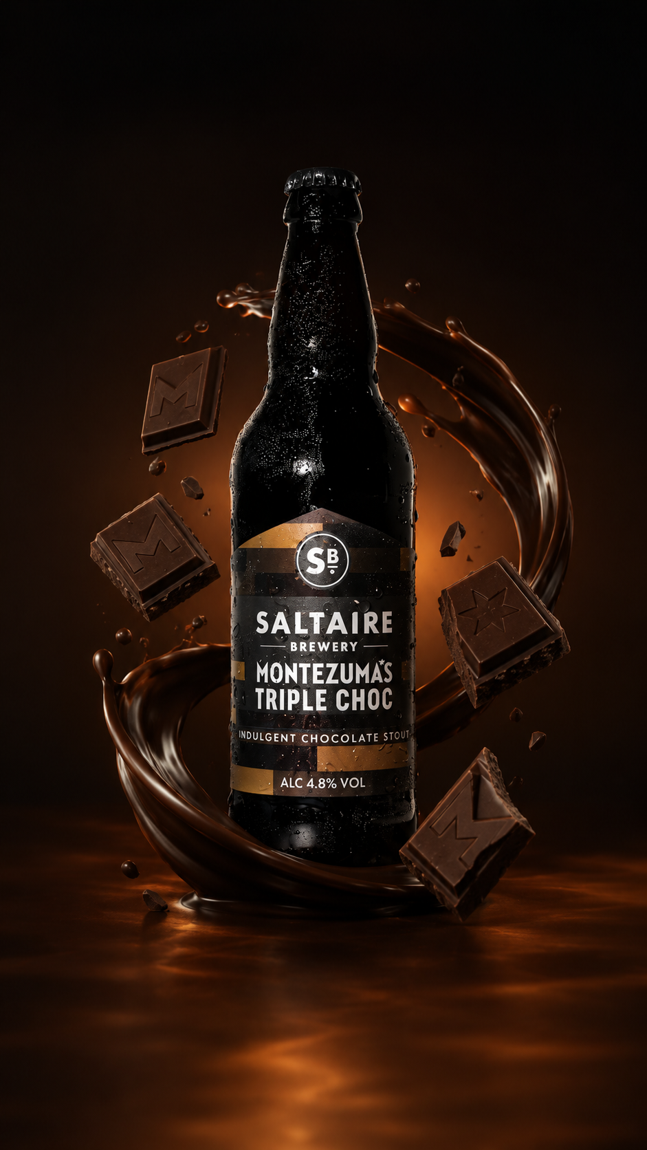 A dark bottle of Montezuma's Triple Choc stout beer from Saltaire Brewery is set against a dark background, with chocolate pieces and chocolate sauce swirling around it.