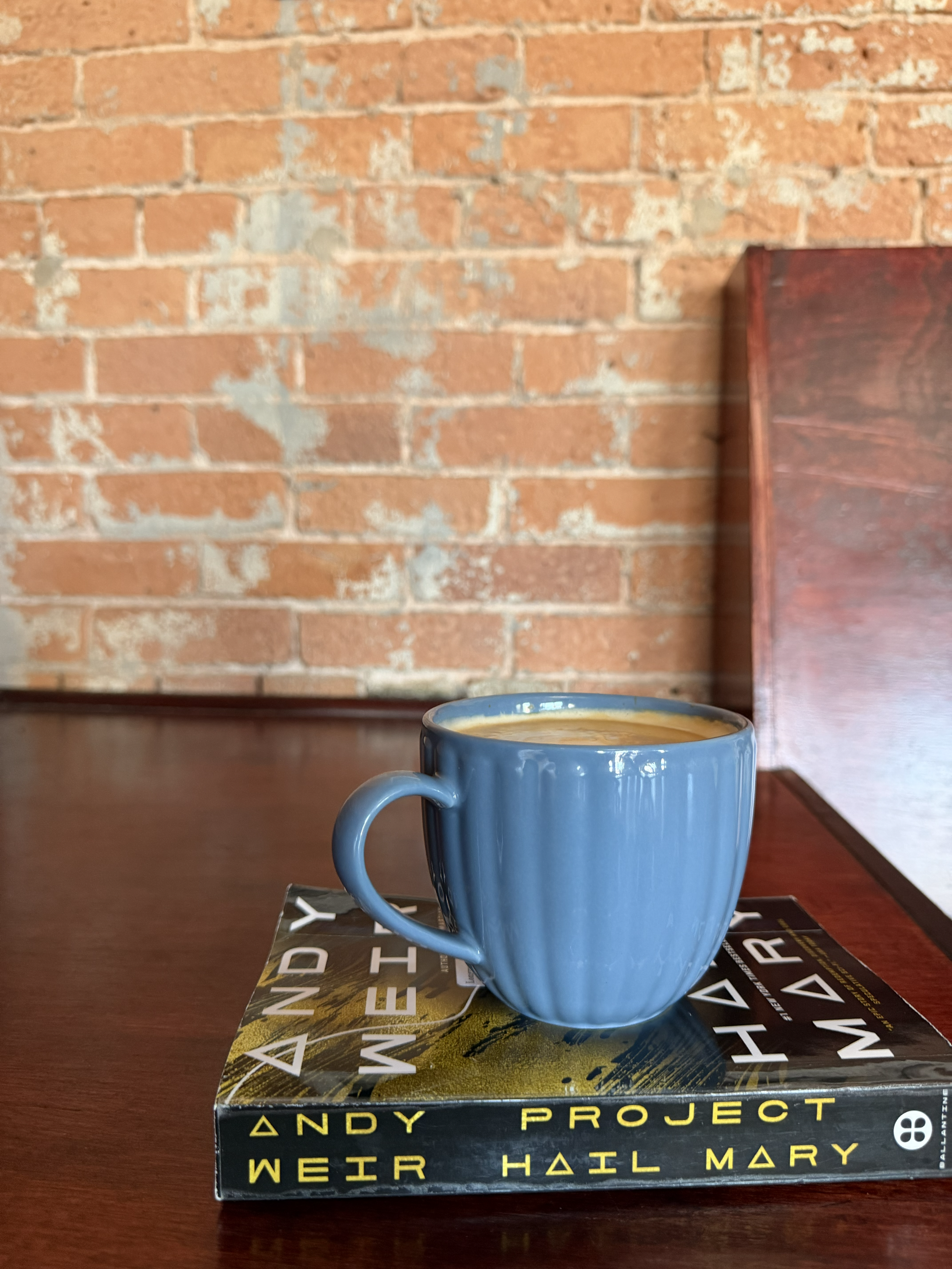 A blue ceramic mug filled with coffee resting on a copy of the book "The Andy Weir Project" by Hall Mary on a wooden table. In the background, a brick wall is visible.
