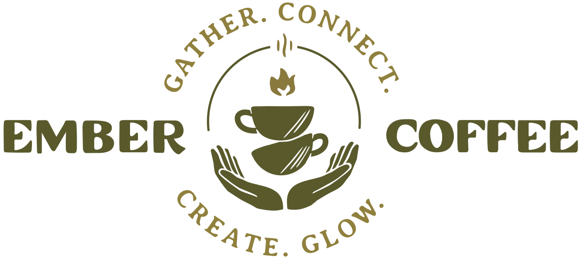 Logo for Ember Coffee featuring a steaming coffee cup held by two hands, with the text 'Gather. Connect. Create. Glow.' and 'Ember Coffee'.
