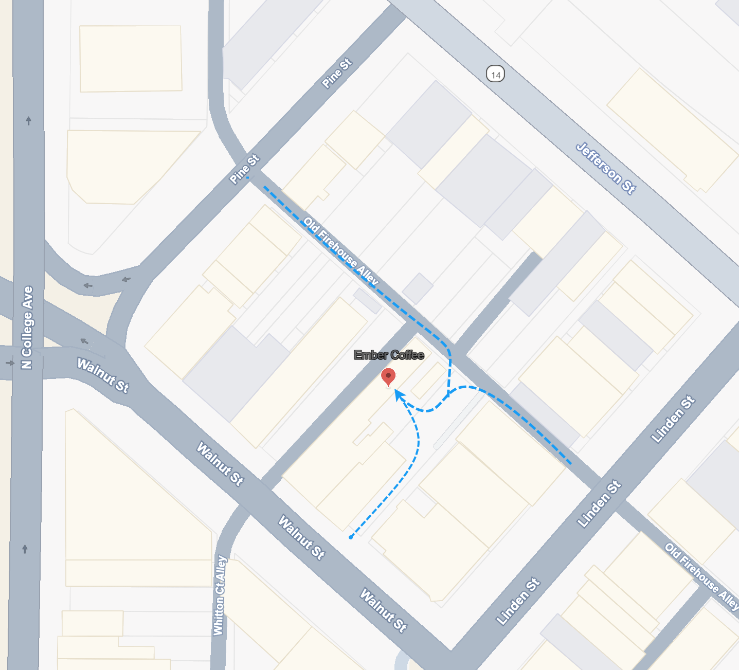 Map of downtown Fort Collins showing the location of Ember Coffee