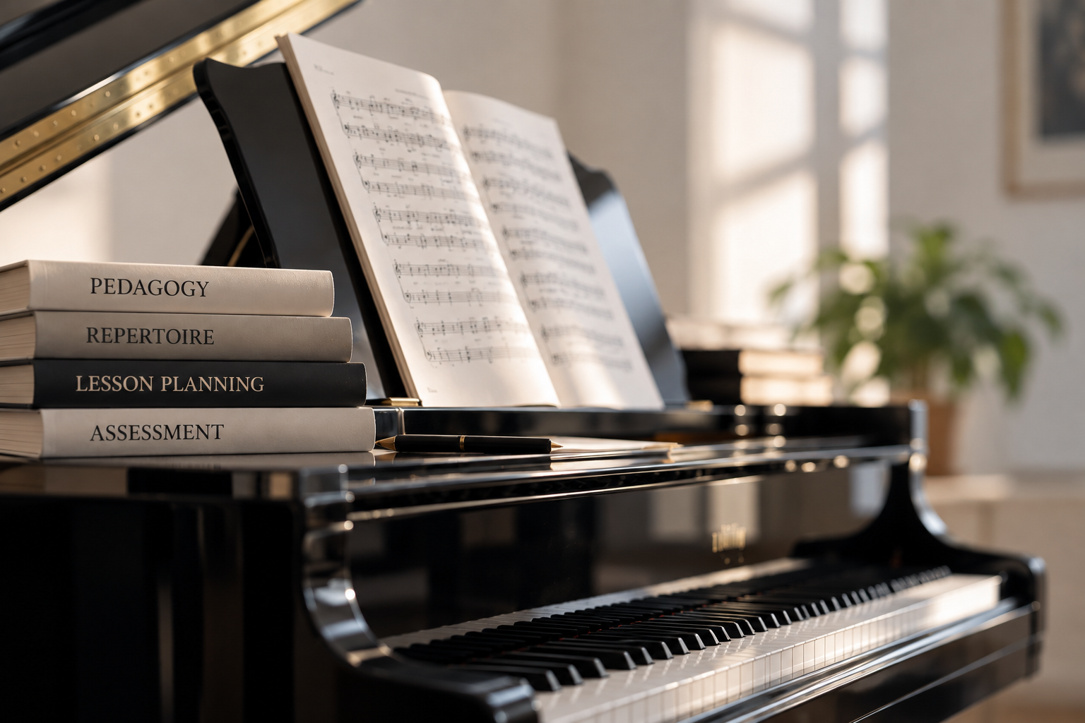 Grand piano with sheet music and books on pedagogy, repertoire, lesson planning and assessment