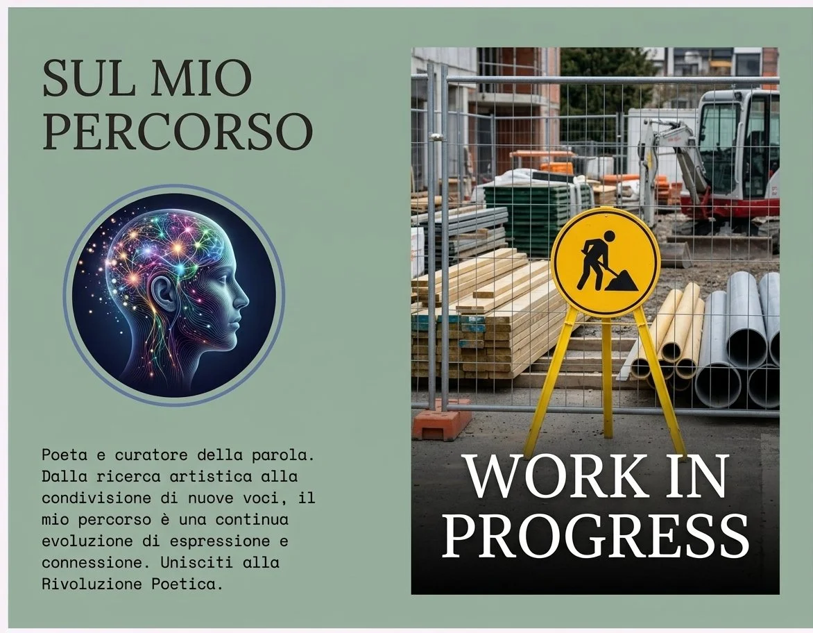 Copertina di una pubblicazione con testo in italiano e un'immagine di un cervello illuminato di colori e una foto di un cantiere. Testo in italiano: 'Sul mio percorso. Poeta e curatore della parola. Dalla ricerca artistica alla condivisione di nuove voci, il mio percorso è una continua evoluzione di espressione e connessione. Unisciti alla Rivoluzione Poetica.' L'altra parte mostra un cartello di lavori in corso in un sito di costruzione.