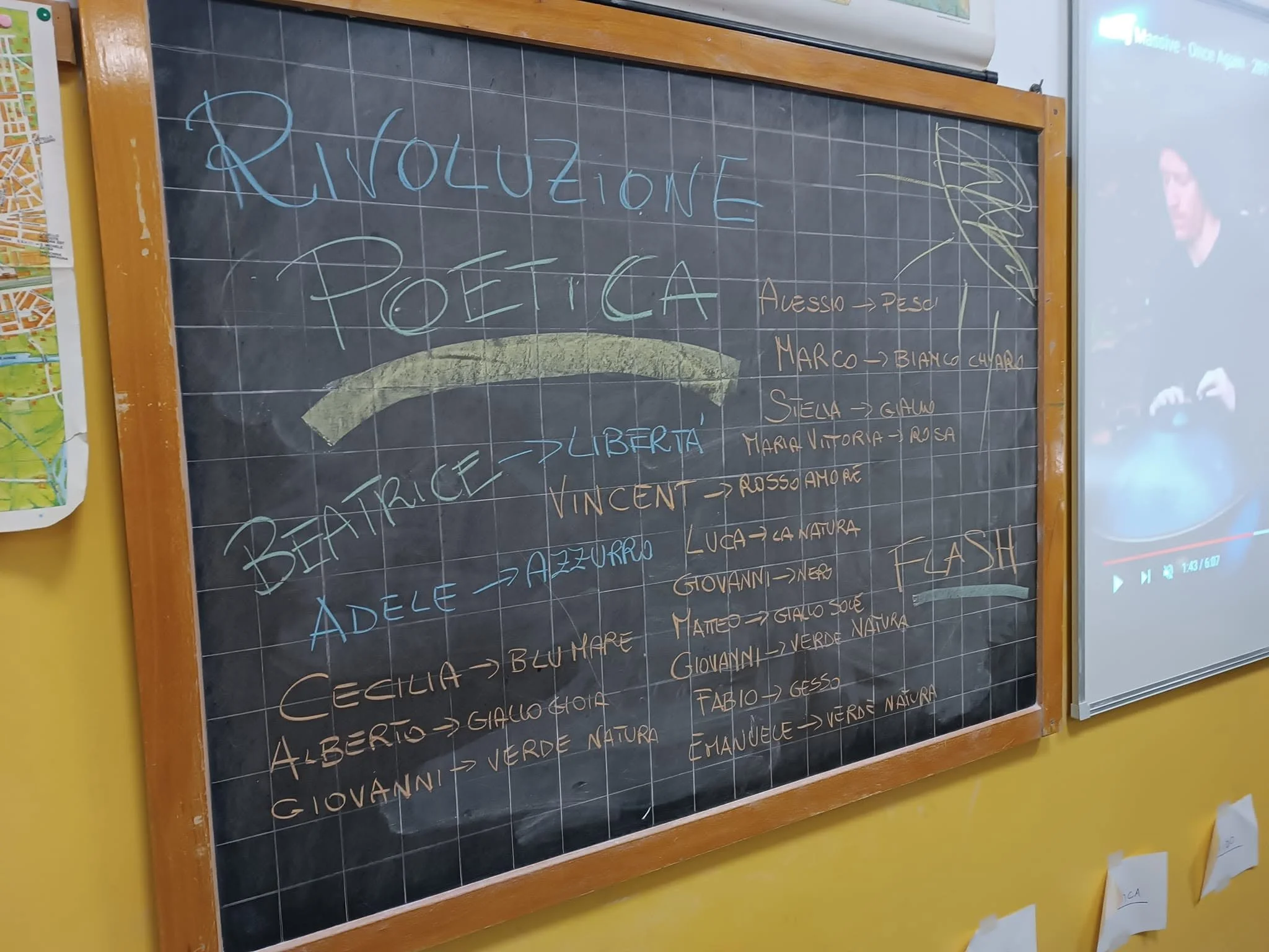 Lavagna nera scolastica con scrittura colorata che dice: 'RINUOVAZIONE POETICA'.