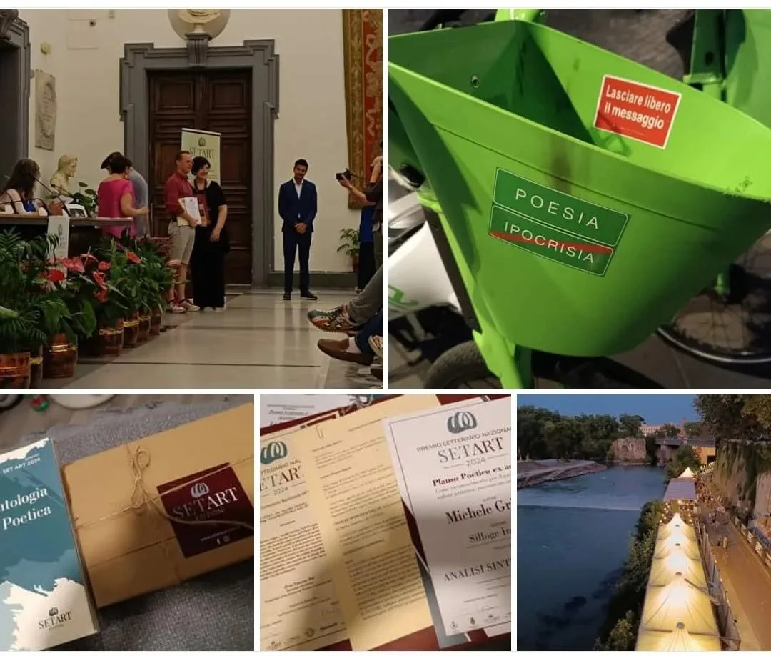 Vari scatti di un evento culturale e artistico a cui partecipano persone in un luogo elegante, con cartelloni, volantini e documenti relativi a poesia e letteratura, e una vista notturna di un fiume con un lungo percorso illuminato.