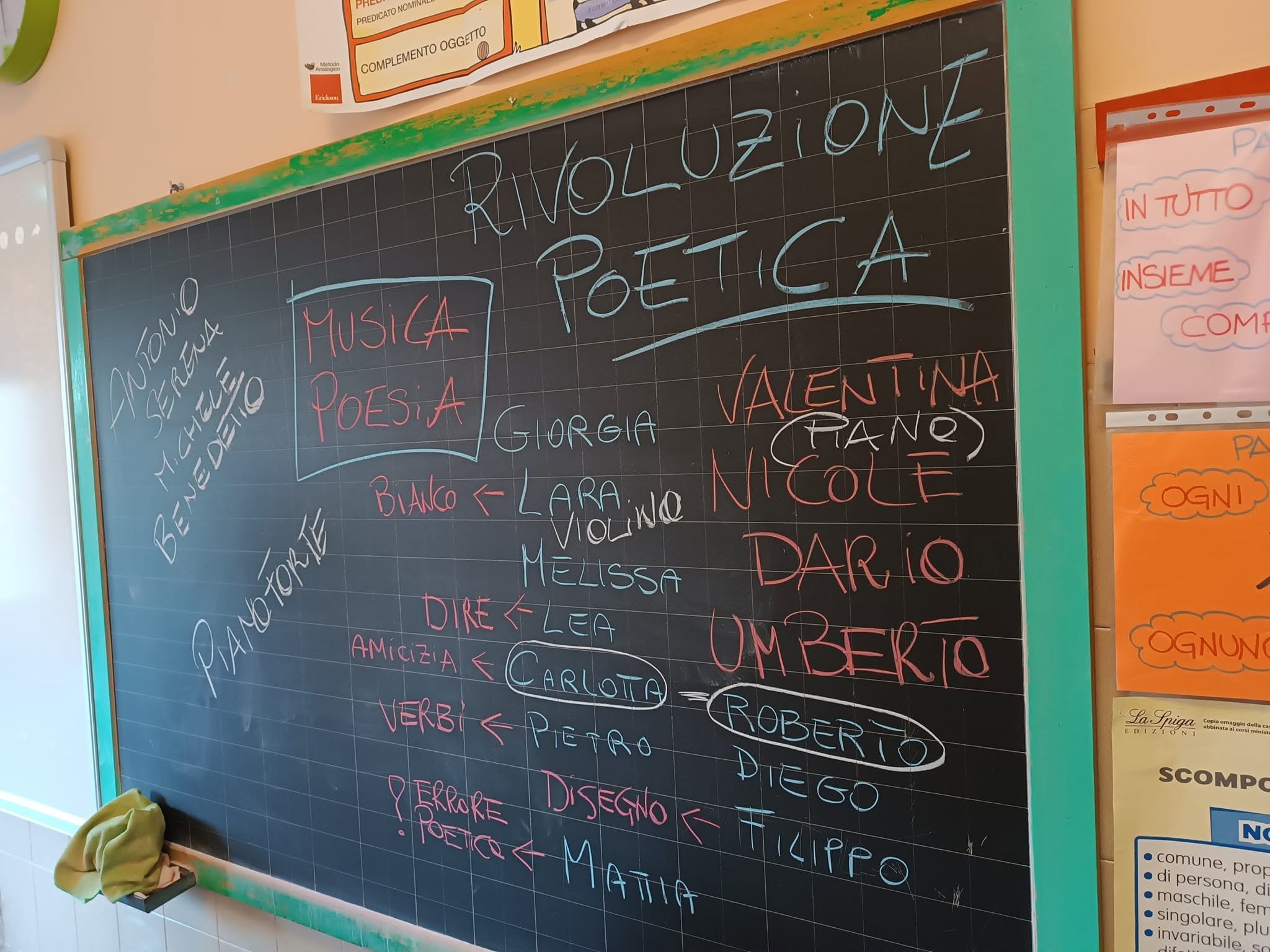 Una lavagna con scritte colorate e parole correlate alla letteratura e all'arte, come musica, poesia, pittura e altri. La lavagna è circondata da altri cartelloni colorati con scritte e disegni.