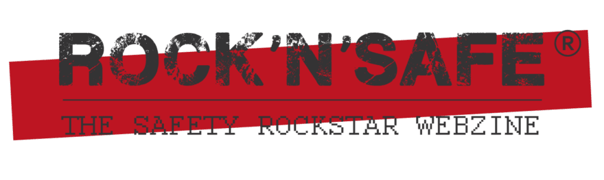 Logo di ROCK'N'SAFE con sfondo rosso e scritta in nero e rosso.
