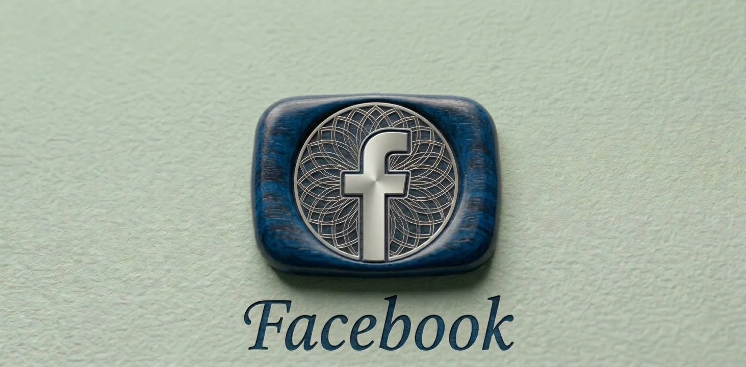 Simbolo di Facebook su uno sfondo chiaro con l'iscrizione 'Facebook' sotto.